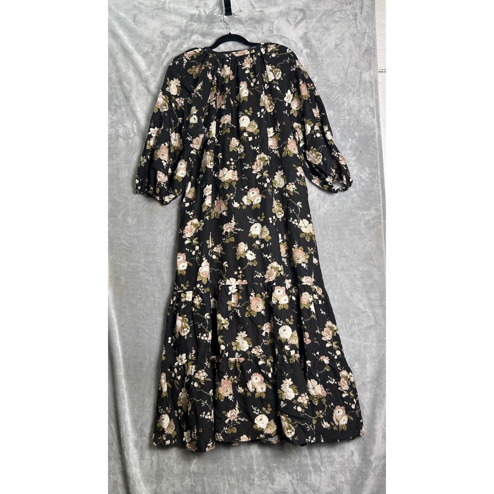 Tuckernuck Black Floral Tiered Maxi Dress XL Puff Sleeve Pockets Boho Romantic - Picture 5 of 9
